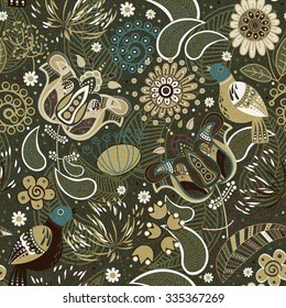 Colorful seamless pattern with decorative birds and flowers