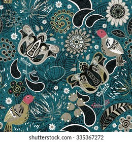 Colorful seamless pattern with decorative birds and flowers