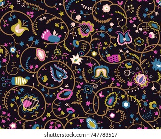 Colorful seamless pattern with decorative birds and flowers
