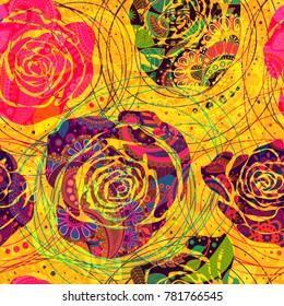 Colorful seamless pattern, decorative indian style. Wallpaper with big hand drawn roses and Paisley 