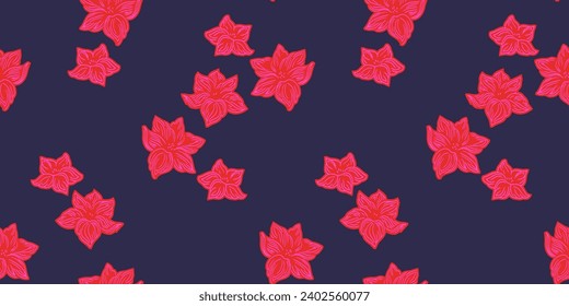 Colorful seamless pattern with decorative stylized shape flowers. Vector hand drawn. Creative abstract pink floral on a dark back. Design for fashion, textile, fabric, wallpaper, surface design