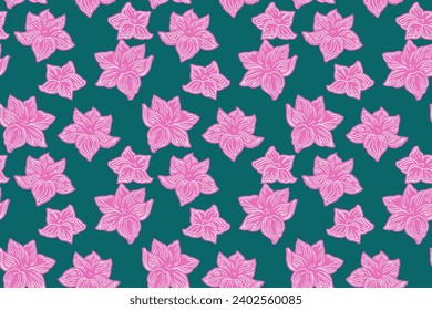 Colorful seamless pattern with decorative stylized shape flowers. Vector hand drawn. Creative simple  floral background. Abstract pink flower on a green back. Design for fashion, textile, fabric