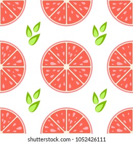 Colorful seamless pattern of delicious grapefruit slices on a white background. Simple flat vector illustration. For the design of paper wallpaper, fabric, wrapping paper, covers, web sites.