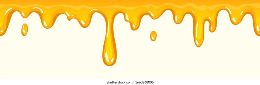 Colorful seamless pattern of delicious melted honey horizontal border. Dripping honey element isolated on white background. Vector illustration for desserts or cafeteria menu, shop or bakery design