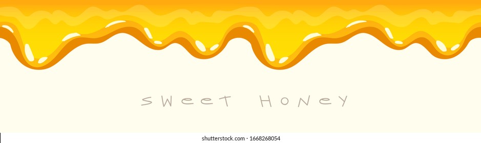 Colorful seamless pattern of delicious melted honey horizontal border. Dripping honey element isolated on white background. Vector illustration for desserts or cafeteria menu, shop or bakery design