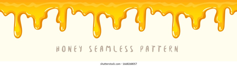 Colorful seamless pattern of delicious melted honey horizontal border. Dripping honey element isolated on white background. Vector illustration for desserts or cafeteria menu, shop or bakery design