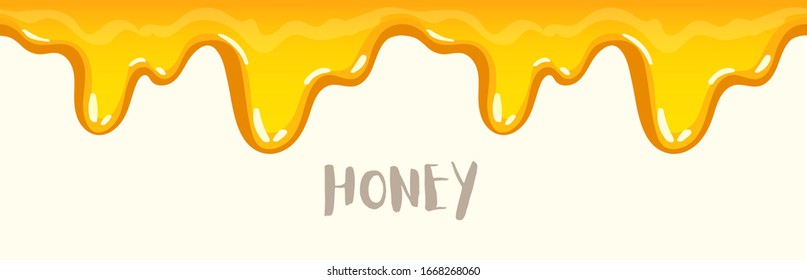 Colorful seamless pattern of delicious melted honey horizontal border. Dripping honey element isolated on white background. Vector illustration for desserts or cafeteria menu, shop or bakery design