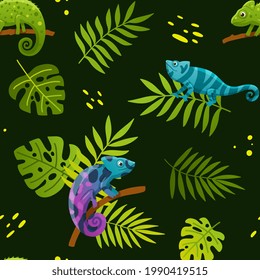 Colorful seamless pattern design with chameleons and tropical leaves, flat vector illustration on green background. Tropical summer endless repeatable wallpaper or print.