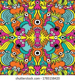 Colorful seamless pattern design composed by crazy weird creatures such as monsters, aliens and fishes. They are aligned using two axes of symmetry creating 3 mirrored images from the original one