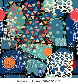 Colorful seamless pattern with different abstract ornaments from geometric shapes and hand drawn scribbles.