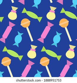 Colorful seamless pattern with different candies and lollipops. Print for textiles, fabric, wallpaper, cards, gift wrap and clothes. Endless design. Doodle style illustration. Sweet and tasty theme. 
