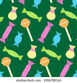 Patrón ininterrumpido colorido con diferentes caramelos y copos. Impresión para textiles, tela, papel pintado, tarjetas, envoltura de regalo y ropa. Diseño sin fin. Ilustración de estilo Doodle. Tema dulce y sabroso
