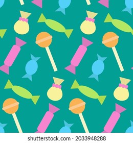 Colorful seamless pattern with different candies and lollipops. Print for textiles, fabric, wallpaper, cards, gift wrap and clothes. Endless design. Doodle style illustration. Sweet and tasty theme. 