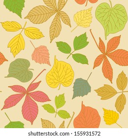 Colorful seamless pattern with different hand-drawn leaves