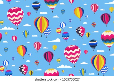 Colorful seamless pattern with Different Hot Air Balloons and clouds in the blue Sky. Hand Drawn Vector illustration. Creative design.