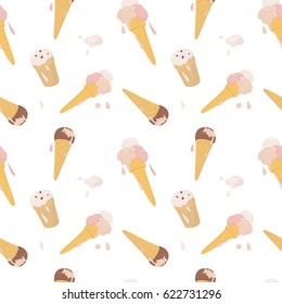 Colorful seamless pattern of different kinds of ice cream on a white background. Ice cream melting in the summer heat.