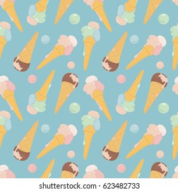 Colorful seamless pattern of different kinds of ice cream in a waffle cone.