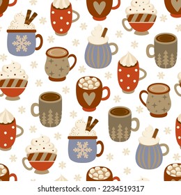 Colorful seamless pattern with different mugs of coffee. Vector illustration.