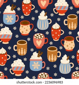 Colorful seamless pattern with different mugs of coffee. Vector illustration.