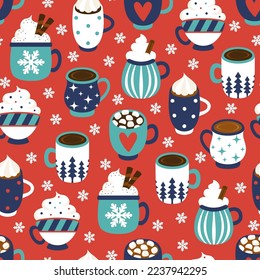 Patrón ininterrumpido colorido con diferentes tazas de café. Ilustración vectorial.