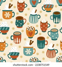 Patrón ininterrumpido colorido con diferentes tazas de café. Ilustración vectorial.