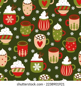 Colorful seamless pattern with different mugs of coffee. Vector illustration.