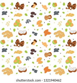 Colorful seamless pattern with different nuts and seeds. Organic healthy food concept. Vector background for your design