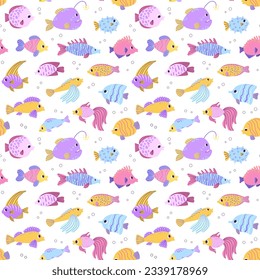 Colorful seamless pattern with different ocean fish and bubbles in flat hand drawn style. For design, textile, background