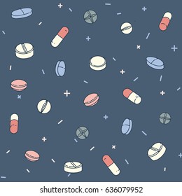 Colorful seamless pattern with different pills and capsules on dark background. Vector medicine illustration