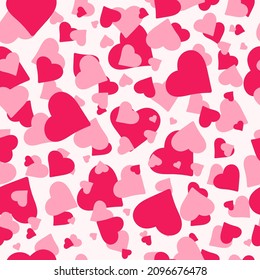 Colorful seamless pattern with different pink hearts on a light background. Vector illustration