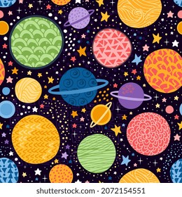 Colorful seamless pattern with different planets and stars in space. Print for fabric. Vector illustration.