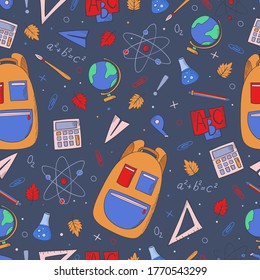 Colorful seamless pattern with different school stationery. Education illustration concept. Vector background for template, web banner, textile.