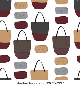 Colorful seamless pattern with different style bags and purses.