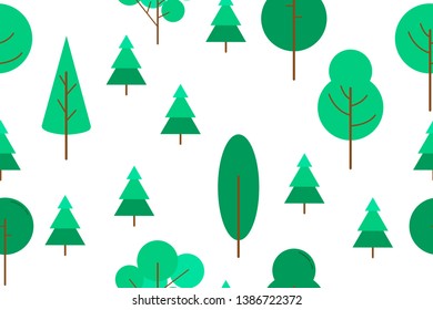 Colorful seamless pattern of different trees. Vector forest illustration on white background. Simple cartoon flat style. best for design textile fabric paper, wallpaper, kids. Wrapping.