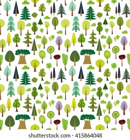 Colorful seamless pattern of different trees and bushes. Vector forest illustration on white background. Simple cartoon flat style. The best for design textile fabric paper, wallpaper, kids. Wrapping.