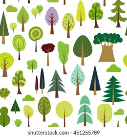 Colorful seamless pattern of different trees and bushes. Vector forest illustration on white background. Simple cartoon flat style. The best for design textile fabric paper, wallpaper, kids. Wrapping.