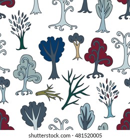 Colorful seamless pattern of different trees and branches. Hand drawn infinity forest background. Cartoon woodland. The best for design textile fabric paper, wallpaper, kids. Wrapping. Vector.