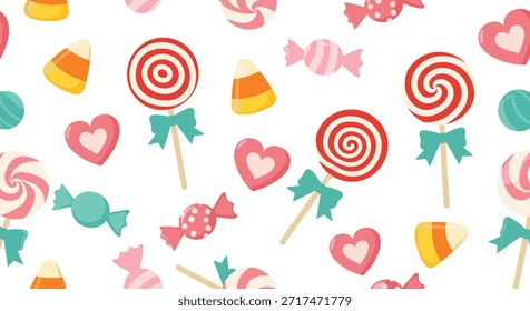 Padrão colorido sem emenda com diferentes tipos de doces, incluindo corações de pirulitos e doces envoltos no fundo branco.