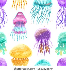 Colorful seamless pattern with different vibrant jellyfish. Repeatable background with swimming medusa. Vector cartoon illustration of ocean underwater creatures