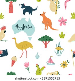 Patrón colorido y sin fisuras, papel digital con símbolos famosos, animales, mapa de Australia.