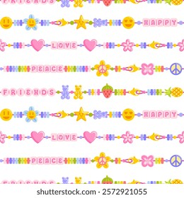 A colorful seamless pattern of DIY jewelry including friendship bracelets. Letter beads. The design features hippie, emoji, gummy bear, and Y2K aesthetics. For wallpaper, textile, wrapping, background