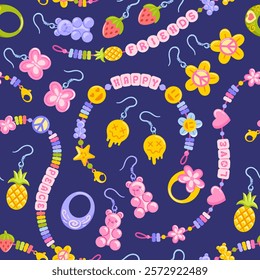 A colorful seamless pattern of DIY jewelry including friendship bracelets, playful plastic earrings, and quirky rings. The design showcases hippie vibes, emojis, gummy bears, and a Y2K aesthetic.