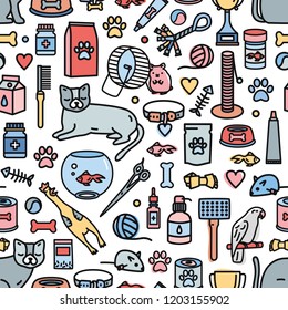 Colorful seamless pattern with domestic animals and tools for pet care, entertainment, grooming on white background. Vector illustration in line art style for textile print, wrapping paper, backdrop.