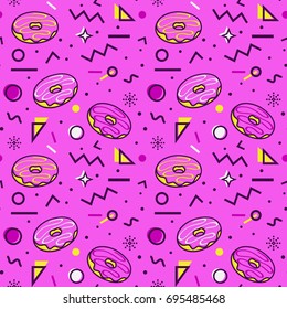Colorful seamless pattern with donuts and abstract geometric shapes in memphis style. Trendy vector background in purple, yellow and white colors.
