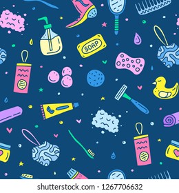 Colorful seamless pattern with doodle bathroom and hygiene icons.