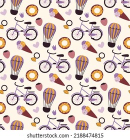 colorful seamless pattern with doodle bike, air balloon, donut, ice cream and other elements