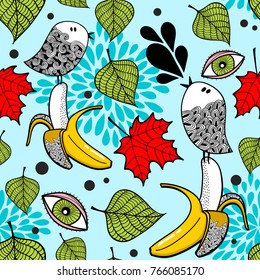 Colorful seamless pattern with doodle birds and bananas. Vector wallpaper.