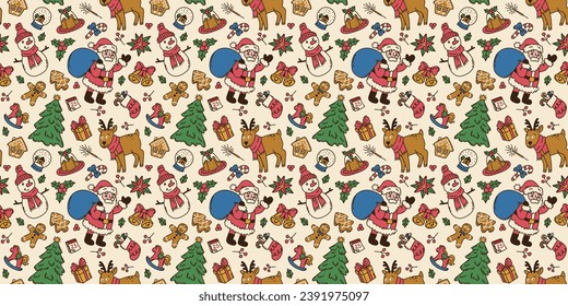 Colorful seamless pattern with doodle elements of Merry Christmas in hand drawn style and vintage colors. Santa Claus, deer, tree, bell, cookies, gift box. For textile, wrapper, background.