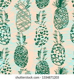 Colorful seamless pattern with doodle freehand drawn ananas in sketch doodle style. Tropical citrus collection. Perfect for baby textile, wallpaper, wrapping paper, menu, cover and page, cloth art.