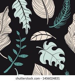 Colorful seamless pattern with doodle leaves on black. Simple background. Graphic design for paper, textile print, page fill. Abstract floral texture with hand drawn modern plants